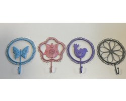 Metalen wandhaken "met dierfiguren" - set van 4 stuks - meerkleurig mat- hoogte 18x13x1cm - Woonaccessoires - Decoratieve wandhaken