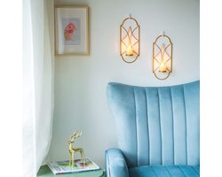 Metalen Wandkandelaar Kaarsenhouder Decor Set van 2 Wandgemonteerde Kaarsschansen Houders met Glas, Kaarsschansen Houder voor Muur, Home Wall Art voor Woonkamer Open Haard Pathway, Goud
