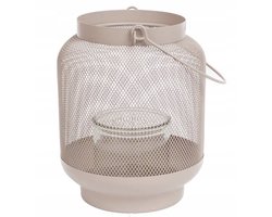 Metalen Windlicht Taupe Ø18 x 22 cm – Lantaarn met Glazen Kaarshouder – Tafeldecoratie