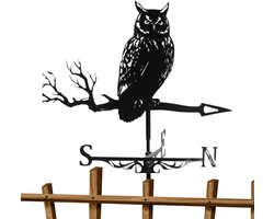 Metalen Windwijzer met Gedetailleerde Uil op Tak Silhouet – Decoratieve Weerwijzer voor Tuin, Dak en Buiten, Zwart, Geschikt voor Alle Weersomstandigheden, Ideaal als Tuindecoratie en Origineel Cadeau voor Natuurliefhebbers