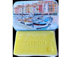 Metalen zeepblik met opdruk Bateaux met Marseillezeep Citroen 100 gram