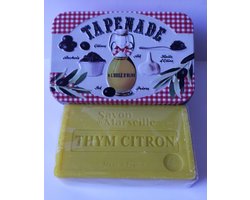 Metalen zeepblik met opdruk Tapenade met Marseillezeep Tijm Citroen 100 gram