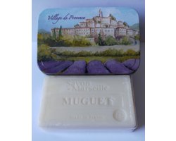 Metalen zeepblik met opdruk Village de Provence met Marseillezeep Lelietjes van Dalen 100 gram