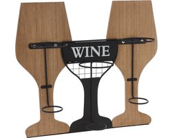 Metalen/houten wijnflessen rek/wijnrek in de vorm van 2 wijnglazen voor 3 flessen 35 x 15 x 31 cm - Wijnfles houder