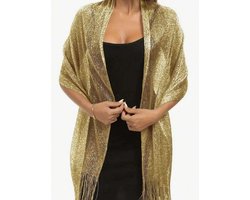 Metallic Goud Gouden - Chique Kerst stola met gesp - cape – omslagdoek franjes – sjaal met prachtige glans - goud - feest - bruiloft - bruidsmoeder - avondjurk - gala - feestjurk - strand - paleo - DH collection