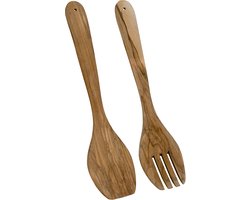 Metaltex - Saladebestek Olijfhout - Houten Serveerset 2 Delig - Opscheplepel en Vork - 30 cm met Ophangoog