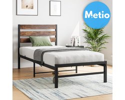Metio - Eenpersoons Bedframe - 90x197 cm - Houten Hoofdeinde & Metalen Lattenbodem - Opbergruimte - Rustiek Bruin & Zwart