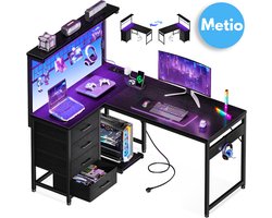 Metio – Gaming Tafel LED 110x80 cm – L-vormig Hoekbureau met Ladeblokken, USB & Stopcontacten – Reversible Gaming Desk met Opslagruimte, CPU Houder & Hoofdtelefoonhaak – Zwart