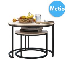 Metio - Ronde Salontafelset - 2 Stapelbare Tafels (Ø 70/50 cm) - Metalen Frame - Zwart & Eiken