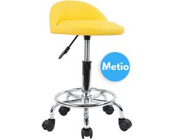 Metio - Werkkruk - Draaistoel met Lage Rugleuning - Verstelbare Hoogte & Wielen - Geel PU Leer