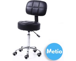 Metio – Werkkruk met Rugleuning & Wielen – In Hoogte Verstelbaar, 360° Draaibaar, Comfortabele PU Leren Zitting – Zwart