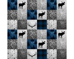 Metrage Stof - Buffalo Plaid Ruit Patroon - Decoratieve Stof voor Quilten, Naaien & Loods Decor - Blauw Grijs Herten & Eland Motief