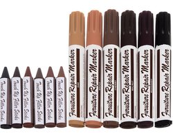 Meubel reparatie stiften - 12 stuks - Meubel markers en wax krijtjes  - Eiken, zwart, kersen, mahonie, esdoorn en walnoot - Meubelstift