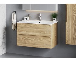 Meubel Square - Badkamermeubel set Neva 80cm - Eiken - Badmeubel met Wastafel - Wastafelkast Zwevend