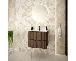 Meubel Square - Badkamermeubel set Onda 60cm - Walnoot - Badmeubel met Wastafel - Wastafelkast Zwevend