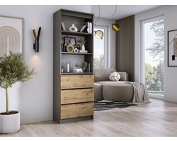 Meubel Square - Boekenkast Maya met 3 vakken en 3 lades - Antraciet / Eiken - Opbergkast