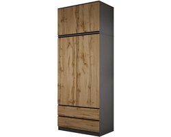 Meubel Square - Kledingkast Opbergo XL - Antraciet / Eiken - Garderobekast met opzetkast en twee lades - Slaapkamer Kast