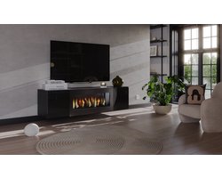 Meubel Square - TV meubel ARC met bio ethanol sfeerhaard - Hoogglans Zwart - 160 cm - Zwevende kast met open haard - Niet elektrisch