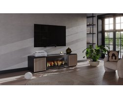 Meubel Square - TV meubel CRESTIA - met bio ethanol sfeerhaard - Mat Zwart / Eiken lameldeuren - 163 cm - Kast met open haard - Niet elektrisch