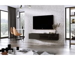 Meubel Square - TV meubel DIAMOND - Zwart / Hoogglans Zwart - 150cm - Hangend TV Kast