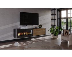 Meubel Square - TV meubel EDGELINE met bio ethanol sfeerhaard - Antraciet / Eiken - 180 cm - Zwevende kast met open haard - Niet elektrisch