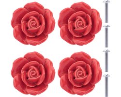 Meubelknoppen - Keramische Rozen Knoppen - 4 Stuks - Porselein Bloem Design - Voor Laden en Kastdeuren - Rood