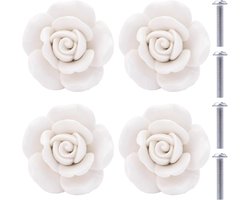 Meubelknoppen - Keramische Rozen Knoppen - 4 Stuks - Porselein Ladehandgrepen - Voor Kastdeuren En Laden - Wit