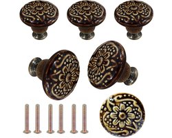 Meubelknoppen Set Bruin Keramiek Rond met Bloem - 6x Kastknop met schroef - Vintage/Antiek handgreep voor deur en lade