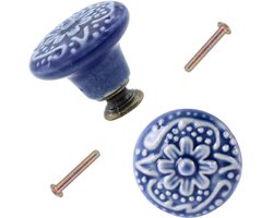 Meubelknoppen Set Donkerblauw Keramiek met Bloem - 2x Blauwe ronde Kastknop met schroef - Vintage/Antiek handgreep voor deur en lade