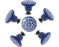 Meubelknoppen Set Donkerblauw Keramiek Rond met Bloem - 6x Blauwe Kastknop met schroef - Vintage/Antiek handgreep voor deur en lade