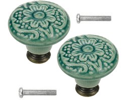 Meubelknoppen Set Groen Keramiek Rond met Bloem - 2x Kastknop met schroef - Vintage/Antiek handgreep voor deur en lade