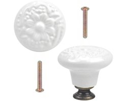 Meubelknoppen Set Wit Keramiek met Bloem - 2x Witte ronde Kastknop met schroef - Vintage/Antiek handgreep voor deur en lade