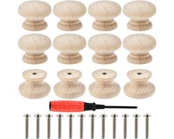 Meubelknoppen van natuurlijk hout - 12 stuks - ronde houten knoppen voor deuren - 3,5 × 2,5 cm - ronde handgreep - ladeknoppen met schroevendraaier - lange schroeven voor kasten - nachtkastjes - keuken decoratie