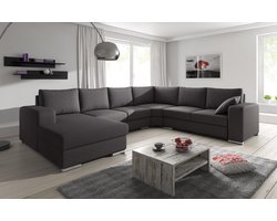 Meubella - Adel - Hoekbank 5-zits met chaise longue - Donkergrijs - Stof - Links