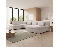 Meubella - Alberta XL - Hoekbank 5-zits met slaapfunctie - Beige - Ribstof - Rechts