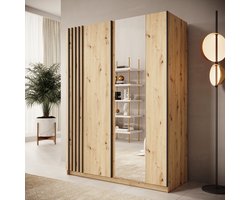 Meubella - Boets - Kledingkast - Spiegel - Eikenpatroon - 150x64x199 cm