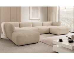 Meubella - Caesar - Hoekbank 5-zits met chaise longue - Beige - Teddy Boucle stof - Links