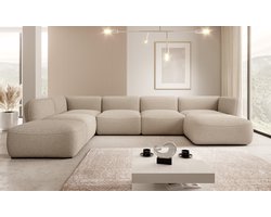 Meubella - Caesar - Hoekbank 5-zits met chaise longue - Taupe - Teddy Boucle stof - Links