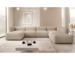 Meubella - Caesar - Hoekbank 5-zits met chaise longue - Taupe - Teddy Boucle stof - Rechts