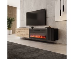 Meubella - Cruzar - TV-Meubel met sfeerhaard - Zwart/Eiken - 200 cm