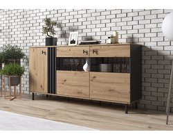 Meubella - Dressoir Marcos - Eiken - Antraciet - 165 cm - met glas