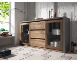 Meubella - Dressoir Monaco - Eiken - Grijs - 140 cm - met glas