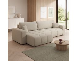 Meubella - Feather Maxi - Hoekbank 3-zits met chaise longue - Teddystof beige - Universeel
