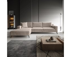Meubella - Florencio - Hoekbank 3-zits met chaise longue - Ribstof bruin - Links