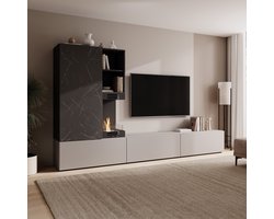 Meubella - Giordo - Wandmeubel - Greige/Zwart - Sfeerhaard 270x40x158cm