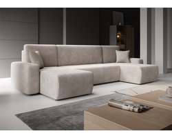 Meubella - Hoekbank Prudence U - Beige - Ribstof - Universeel