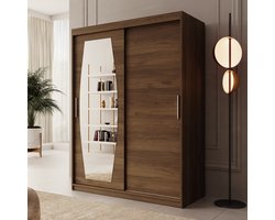 Meubella - Kledingkast Azai - Walnootpatroon - 150 cm - Met spiegel