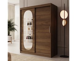 Meubella - Kledingkast Bodhi - Walnootpatroon - 150 cm - Met spiegel