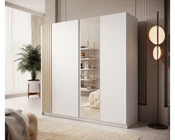 Meubella - Kledingkast Boets - Wit - Eiken - 200 cm - Met spiegel
