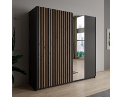 Meubella - Kledingkast Deliryon - Zwart - 200 cm - Met spiegel